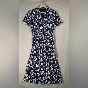 Ralph Lauren SILK Navy Floral Short sleeve Elegant Classic Dress Ruffles Midi
